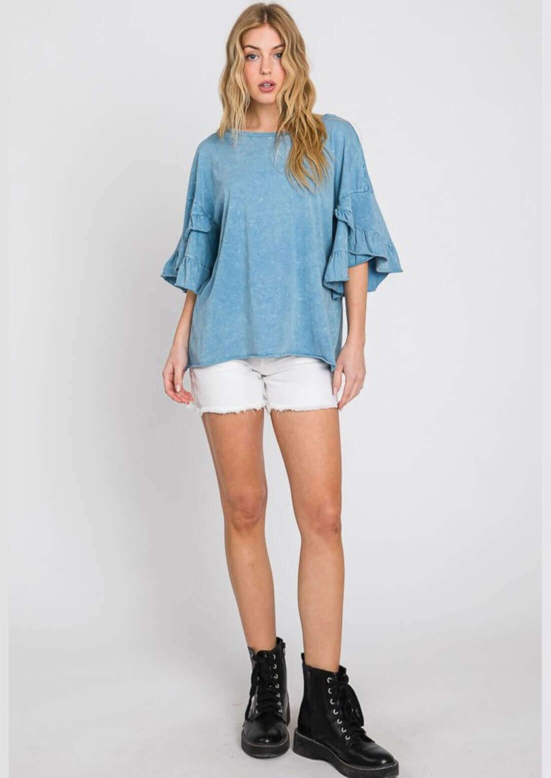 USA Made Premium 100% Cotton Super Soft Mineral Washed Oversized Ladies Tee with  Exaggerated Tulip Ruffle Sleeves in Steele Blue | Classy Cozy Cool Women's Made in America Clothing Boutique