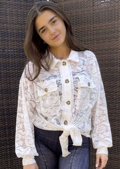 Ladies Oversized Off White Button Down Long Length Floral Lace Tunic Shirt | Made in USA | Classy Cozy Cool Women's Made in America Boutique