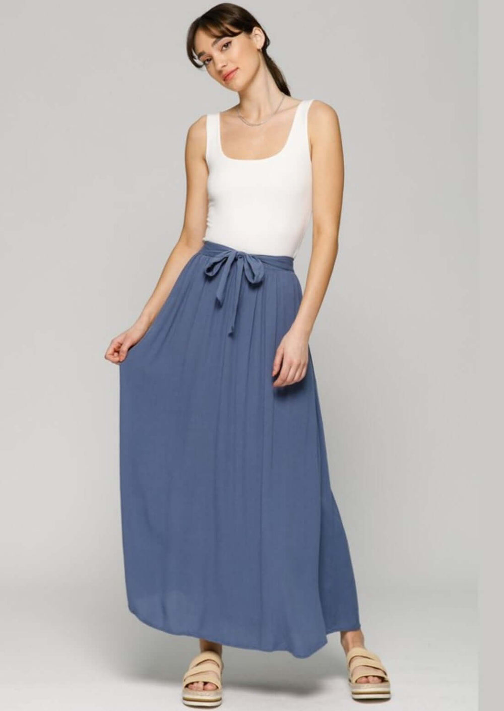 Ladies USA Made Rayon Gauze Steel Blue Tie Front Maxi Skirt | Brand: Final Touch Style# S80065C | Classy Cozy Cool Women's Made in America Boutique