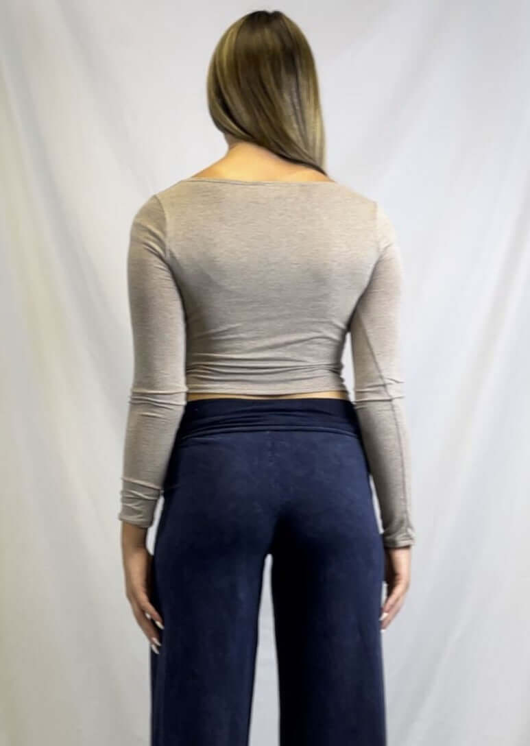 USA Made Women's Very Lightweight Cowl Neck Long Sleeves Cropped Top in Soft Mocha Color | Perfect for Gen Z and Millennials