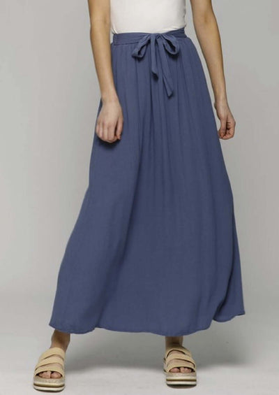 Ladies USA Made Rayon Gauze Steel Blue Tie Front Maxi Skirt | Brand: Final Touch Style# S80065C | Classy Cozy Cool Women's Made in America Boutique