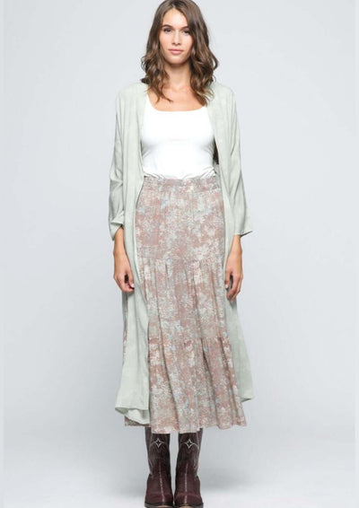 Ladies USA Made Woven A-Line Sage & Mocha Maxi Skirt | Brand: Final Touch Style# NS80079A |  Classy Cozy Cool Women's Made in America Clothing Boutique 