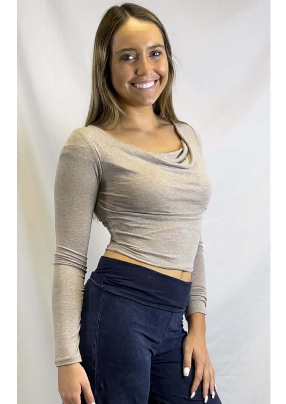 USA Made Women's Very Lightweight Cowl Neck Long Sleeves Cropped Top in Soft Mocha Color | Perfect for Gen Z and Millennials