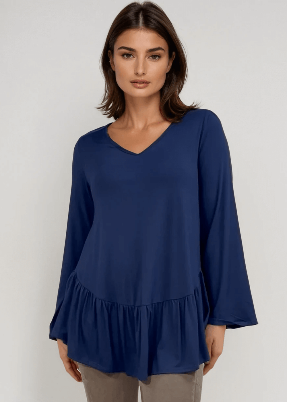 Made in USA Women's Navy Blue Flare Sleeve Tunic with Flounce Ruffle Hem, V-Neck, Lightweight and Flowy, Super Soft, 95% Rayon, 5% Spandex Machine Wash, Tumble Dry Low Style C11316 | Classy Cozy Cool Made in USA Boutique