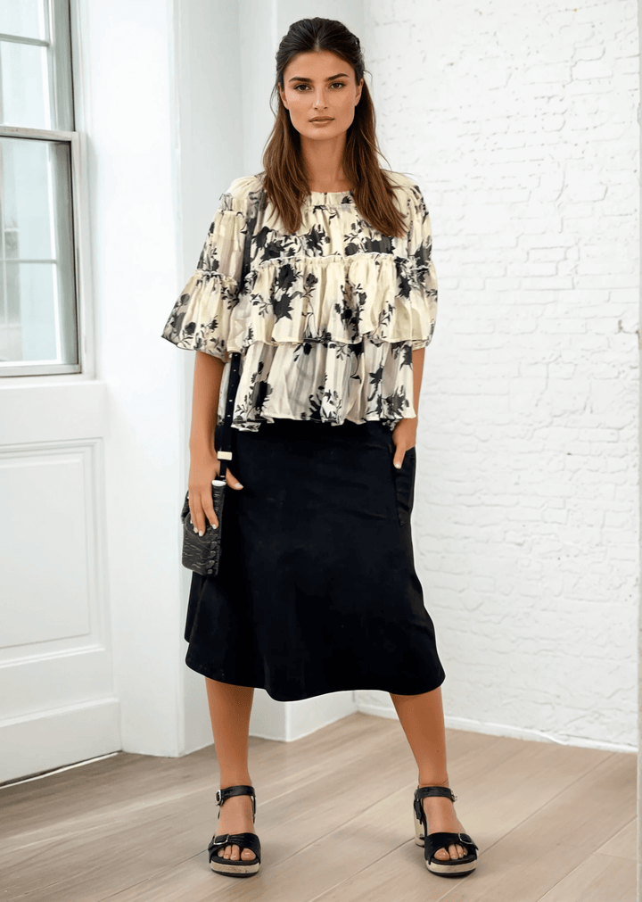 Made in USA Women's All Season Versatile Mineral Washed Cotton Stretch Midi Skirt, Side Patch Pockets, High Waist, Comfortable & Soft 4 Way stretch in Black Denim | Classy Cozy Cool Made in America Boutique