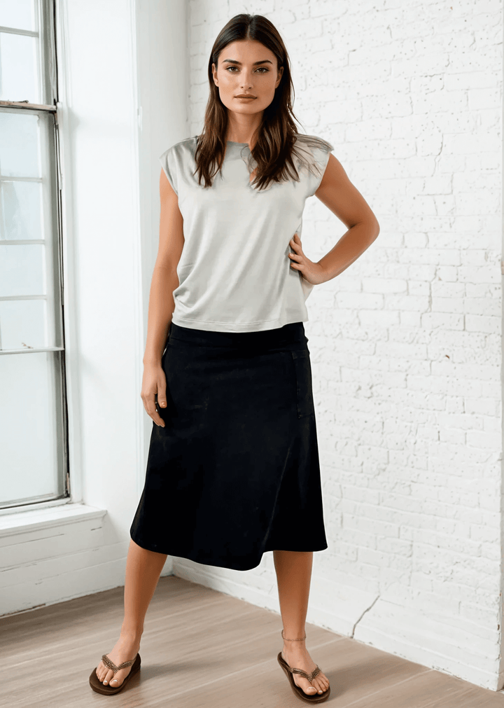 Made in USA Women's All Season Versatile Mineral Washed Cotton Stretch Midi Skirt, Side Patch Pockets, High Waist, Comfortable & Soft 4 Way stretch in Black Denim | Classy Cozy Cool Made in America Boutique