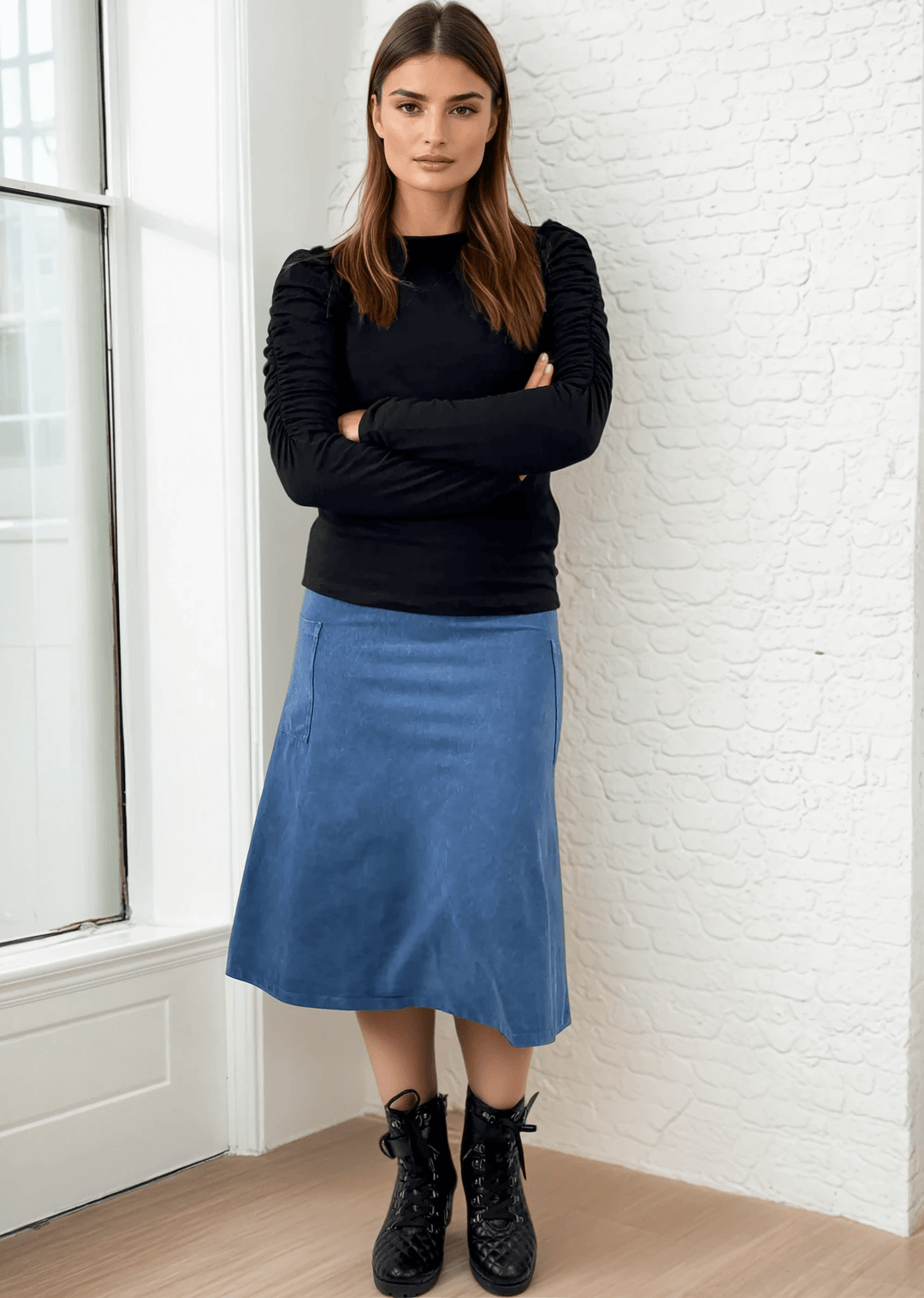 Made in USA Women's All Season Versatile Mineral Washed Cotton Stretch Midi Skirt, Side Patch Pockets, High Waist, Comfortable & Soft 4 Way stretch in Light Denim | Classy Cozy Cool Made in America Boutique