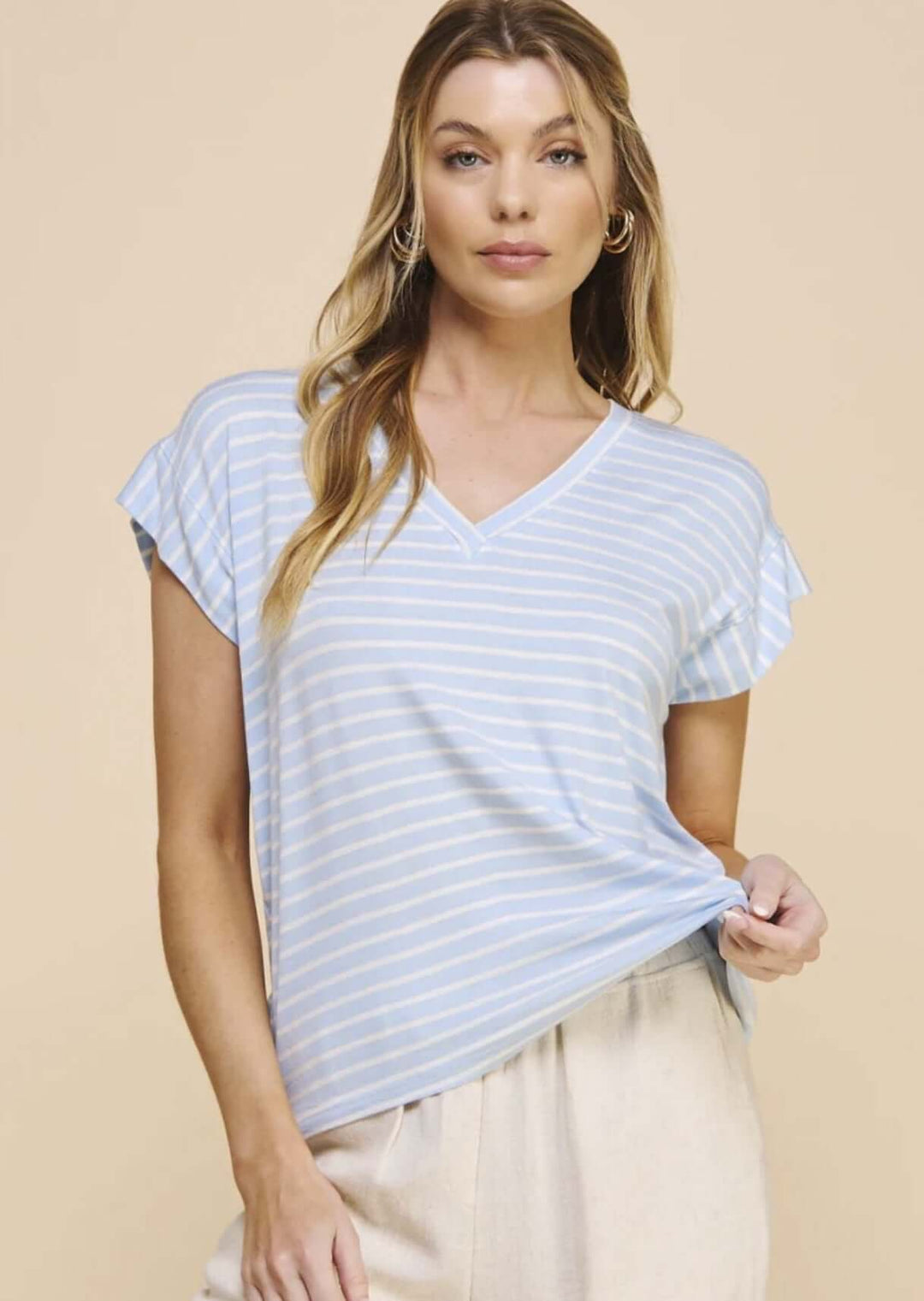 USA Made Women's Super Soft Striped V-Neck Relaxed Fit Tee in Light Blue & White Stripes   | Classy Cozy Cool Made in America Clothing Boutique