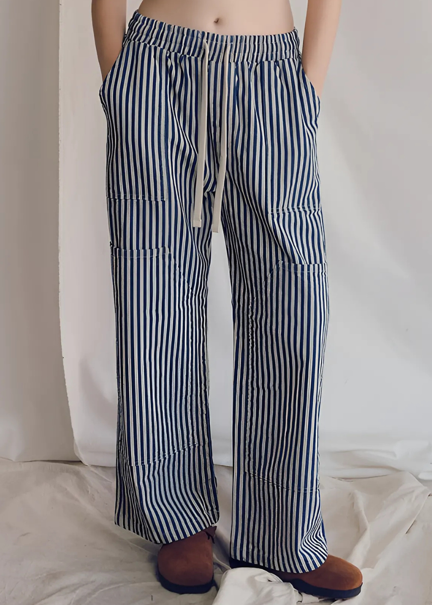 The Charlie Pant by People of Leisure — 100% cotton denim wide leg in Striped. Sustainably made in the USA. Sizes XS–XL