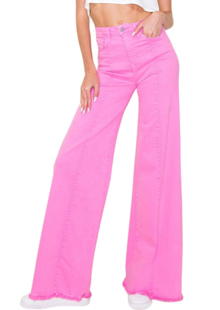 O2 Denim 505 High Waist Flare Jeans in Fuchsia Pink | Style PW505 | Women's fashion clothing made in the USA | Classy Cozy Cool American Boutique