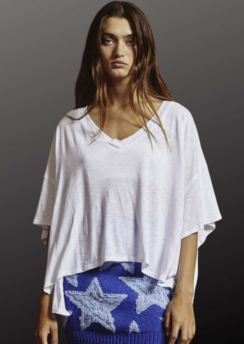 Bucket List Clothing Style# T1722 | Women's V-Neck Boxy Oversized Slub Tee Shirt in White  | Made in USA | Classy Cozy Cool Women's Made in America Clothing Boutique