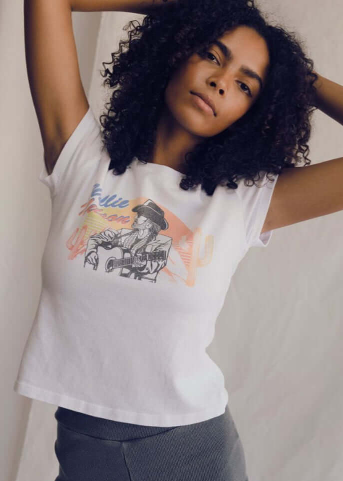 Willie Nelson Baby Rib Tee by People of Leisure — 100% cotton, vintage-inspired graphic tee. Made in Huntington Park, CA. Sizes XS–XL