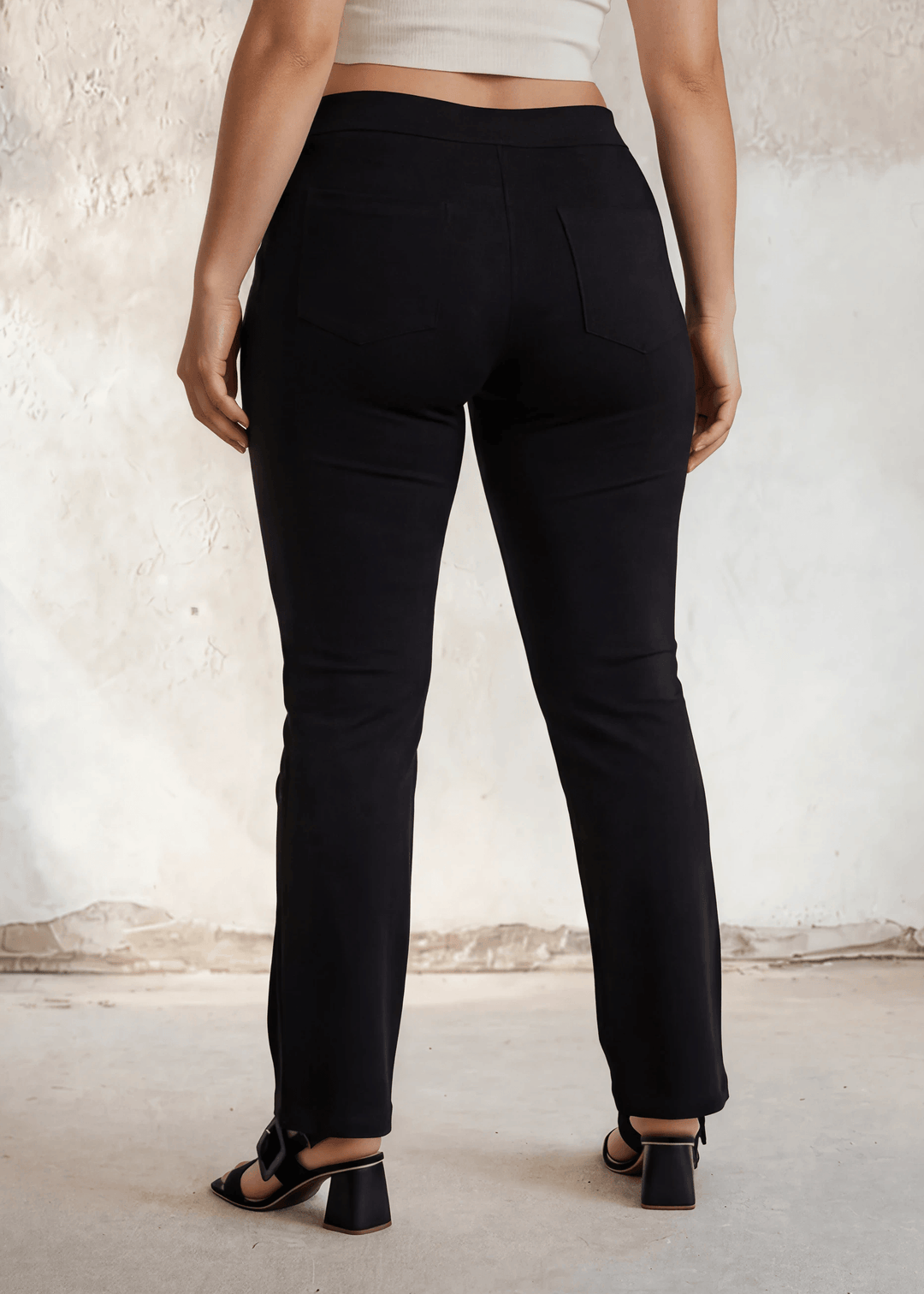 USA Made Full length Ladies Plus Size Classic Black Pull-On Bootcut Ponte Pants with Back Pockets | Classy Cozy Cool Women&