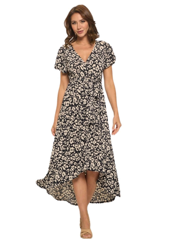 USA Made Ladies High Low Black & Tan Floral V-Neck Maxi Dress With Flutter Sleeves | Classy Cozy Cool Women's Made in America Boutique