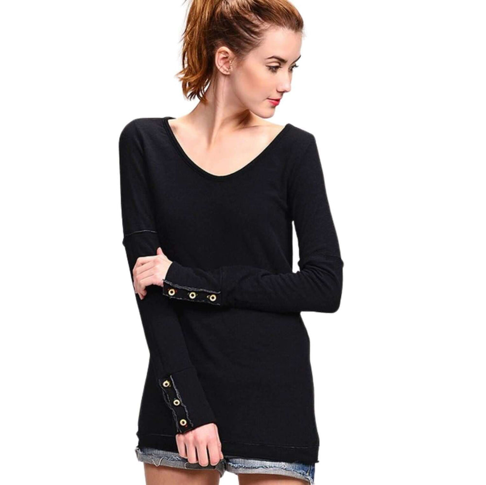 USA Made Women's Fitted Double Layer Cotton Raw Edge Long Sleeve Top With Wooden Button Cuffs in Black | Classy Cozy Cool Women's Made in America Clothing Boutique