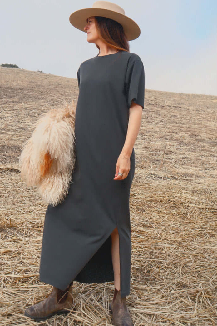 People of Leisure - Organic Cotton Leisure Dress in Dark Gray, The Relax Dress is Minimalism at its best, with Boho Vibes! Made in USA