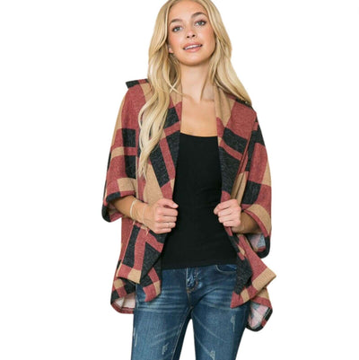 Ladies Plaid Design High Low Dolman Sleeve Cardigan Shawl Top in Brick Red, Tan & Black | Made in USA | Classy Cozy Cool Women's American Boutique