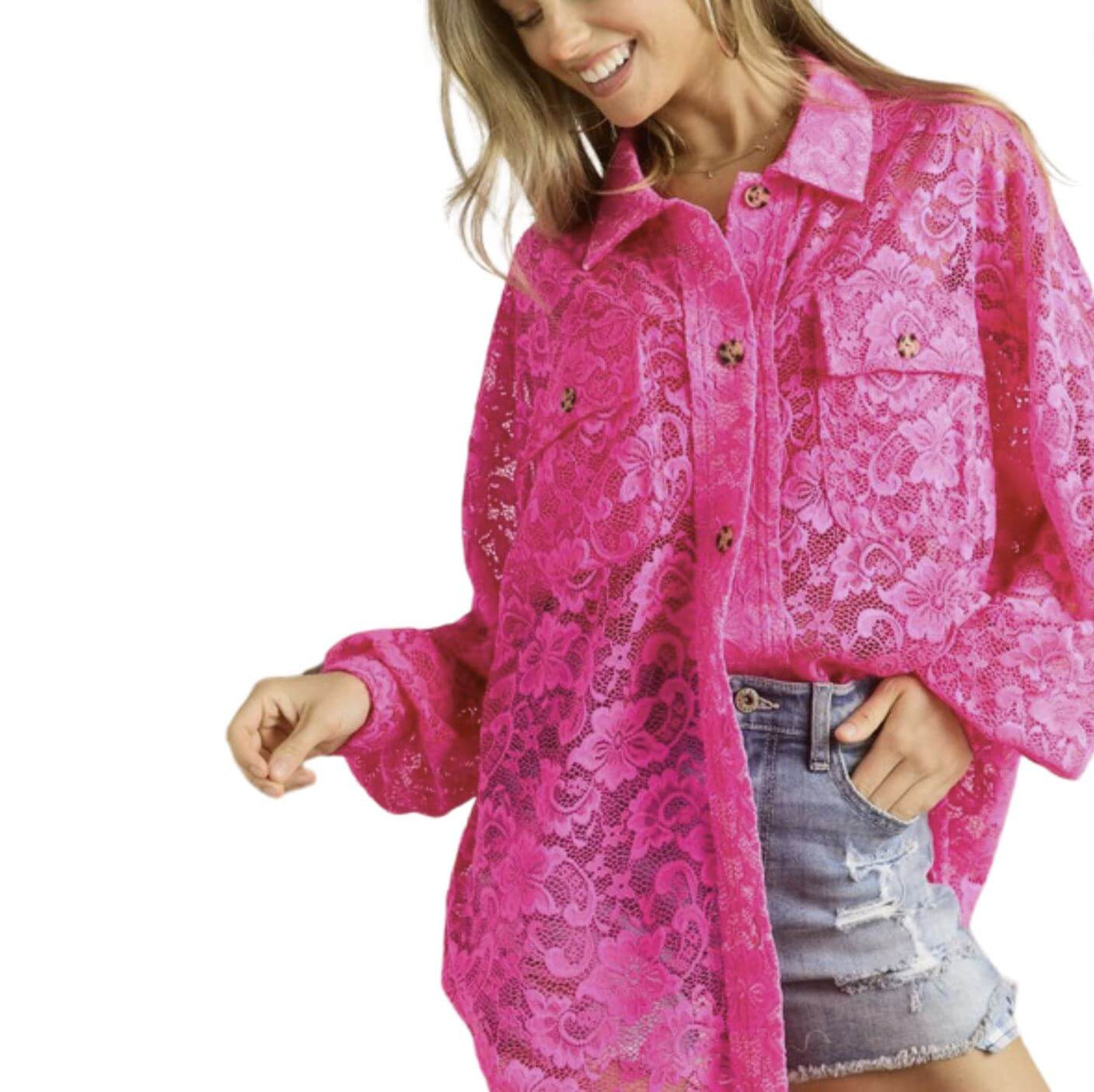 Ladies Oversized Sheer Hot Pink Button Down Long Length Floral Lace Tunic Shirt | Made in USA | Classy Cozy Cool Women's Made in America Boutique
