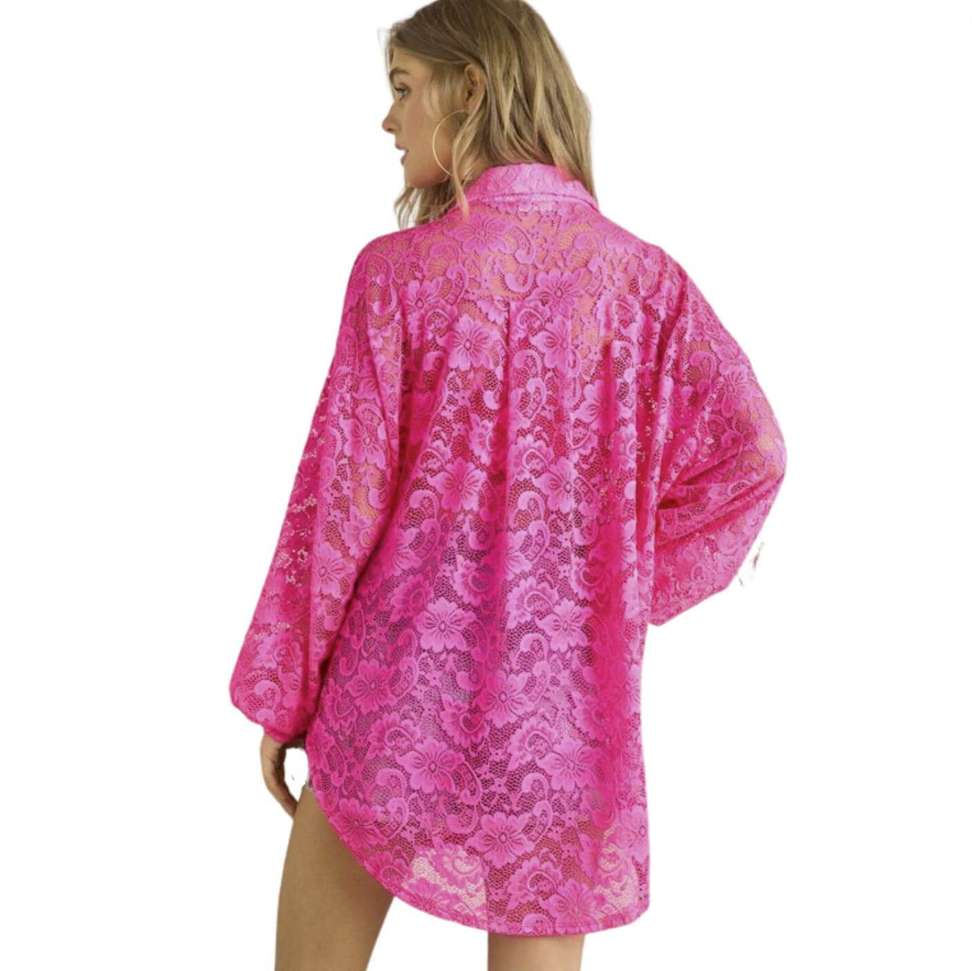 Ladies Oversized Sheer Hot Pink Button Down Long Length Floral Lace Tunic Shirt | Made in USA | Classy Cozy Cool Women's Made in America Boutique
