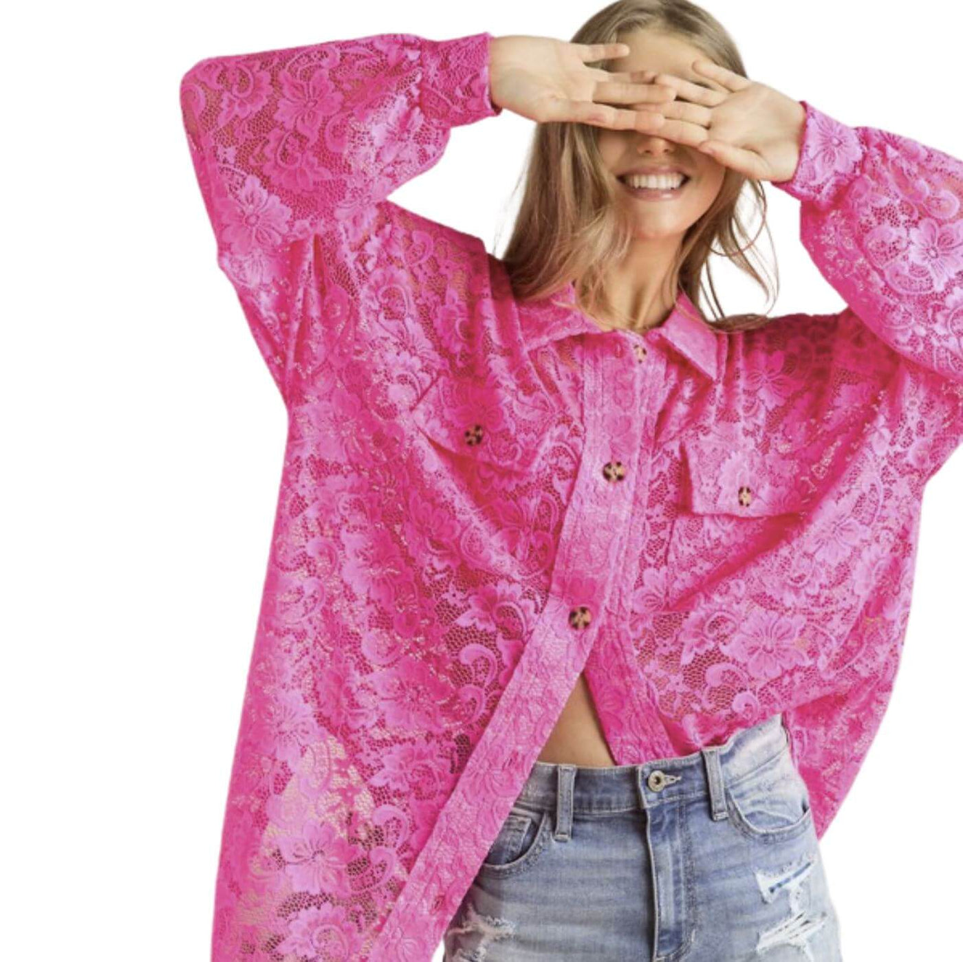 Ladies Oversized Sheer Hot Pink Button Down Long Length Floral Lace Tunic Shirt | Made in USA | Classy Cozy Cool Women's Made in America Boutique