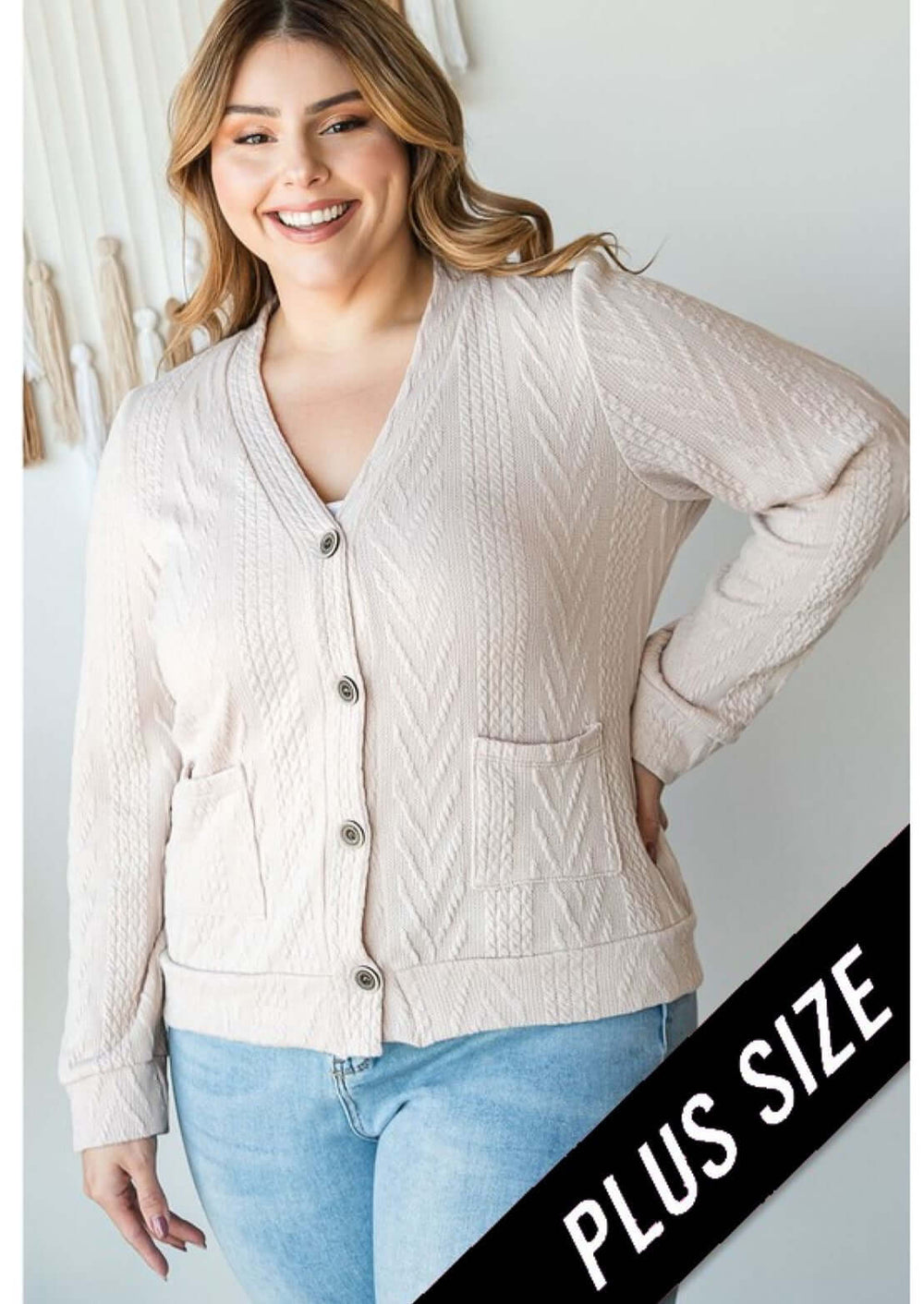 Ladies' Plus Size Cable Knit Classy Casual Button Down Cardigan in Cream  | Made in USA | Classy Cozy Cool Women's Made in America Clothing Boutique