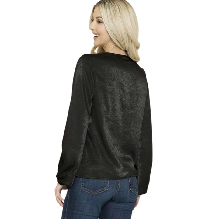 Made in USA Women's Relaxed Fit Beautiful Satin Cowl Neck Top in Black | Classy Cozy Cool Women's Made in America Clothing Boutique