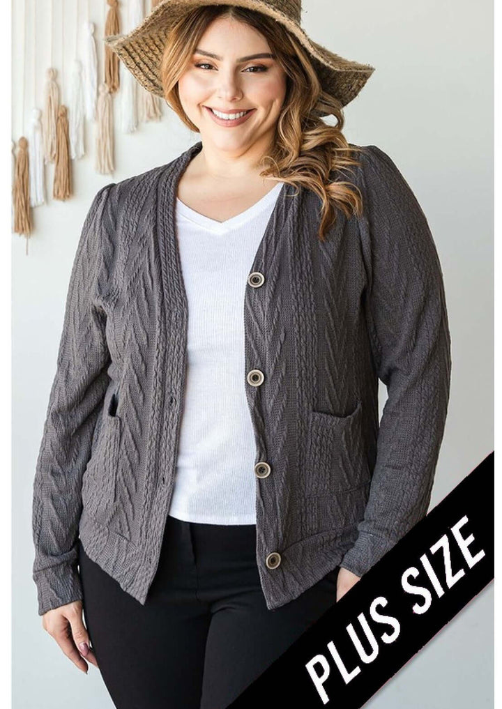 Ladies' Plus Size Cable Knit Classy Casual Button Down Cardigan in Charcoal Grey | Made in USA | Classy Cozy Cool Women's Made in America Clothing Boutique