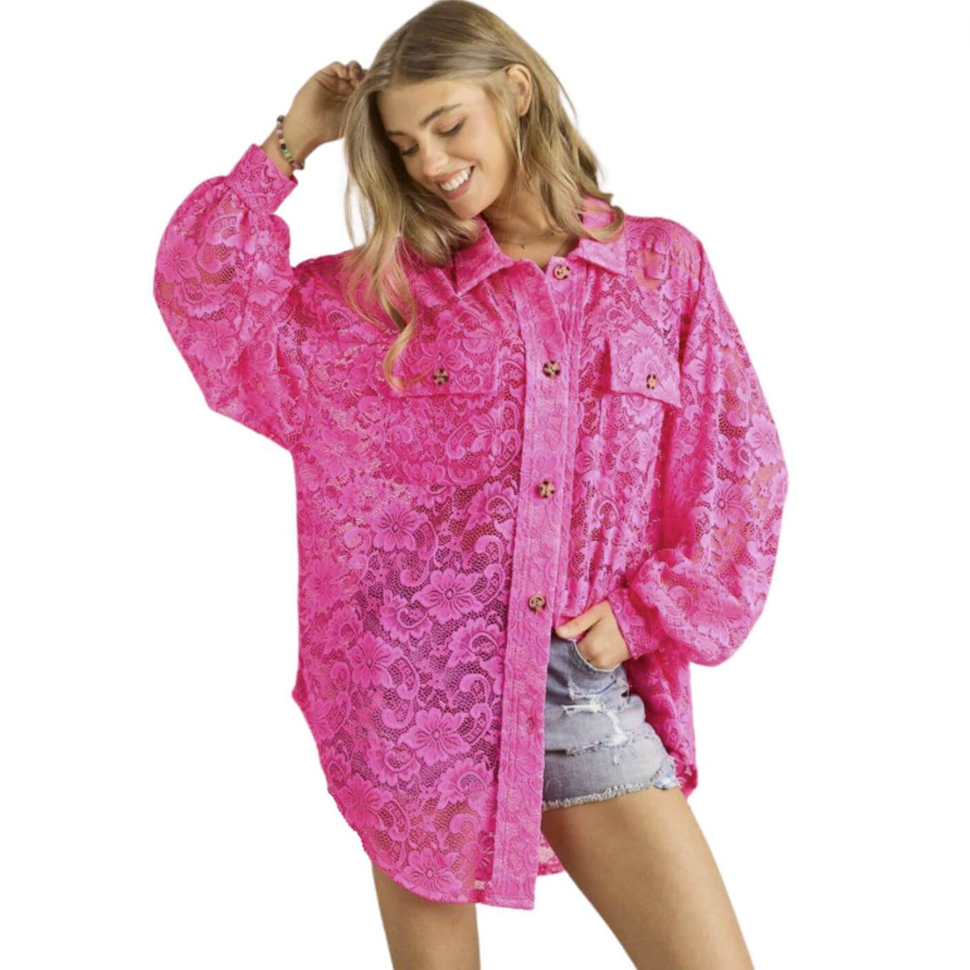 Ladies Oversized Sheer Hot Pink Button Down Long Length Floral Lace Tunic Shirt | Made in USA | Classy Cozy Cool Women's Made in America Boutique