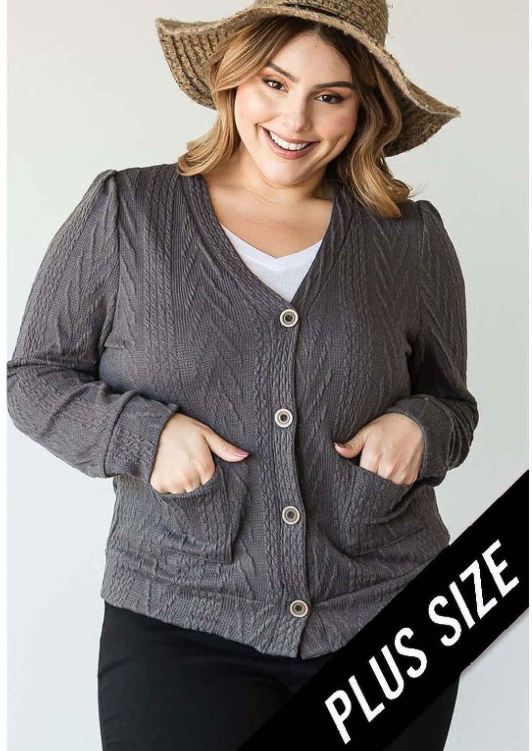 Ladies' Plus Size Cable Knit Classy Casual Button Down Cardigan in Charcoal Grey | Made in USA | Classy Cozy Cool Women's Made in America Clothing Boutique
