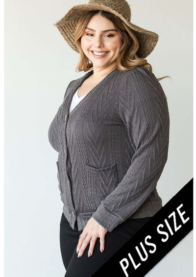 Ladies' Plus Size Cable Knit Classy Casual Button Down Cardigan in Charcoal Grey | Made in USA | Classy Cozy Cool Women's Made in America Clothing Boutique