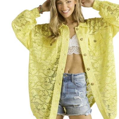 Ladies Oversized Sheer Sunny Yellow Button Down Long Length Floral Lace Tunic Shirt | Made in USA | Classy Cozy Cool Women's Made in America Boutique