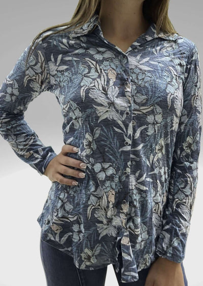 David Cline Blue Floral Rhinestone Embellished Snap Down Crushed Texture Collared Shirt | Made in USA | Women's Made in America Boutique