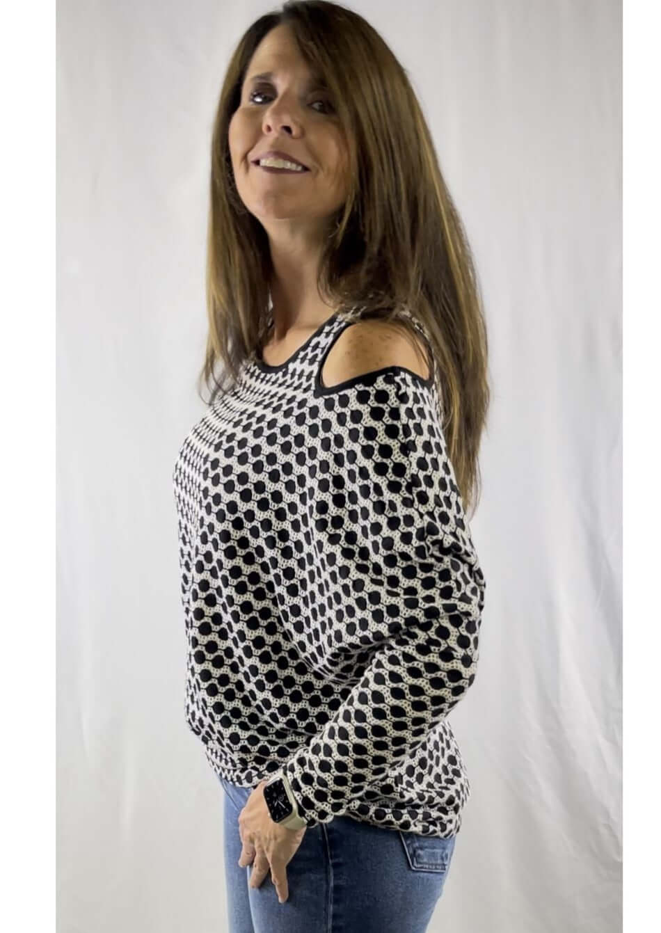 USA Made Ladies' Stylish Cold Shoulder Black & White Dolman Loosely Woven Dolman Top | Classy Cozy Cool Women's Made in America Clothing Boutique