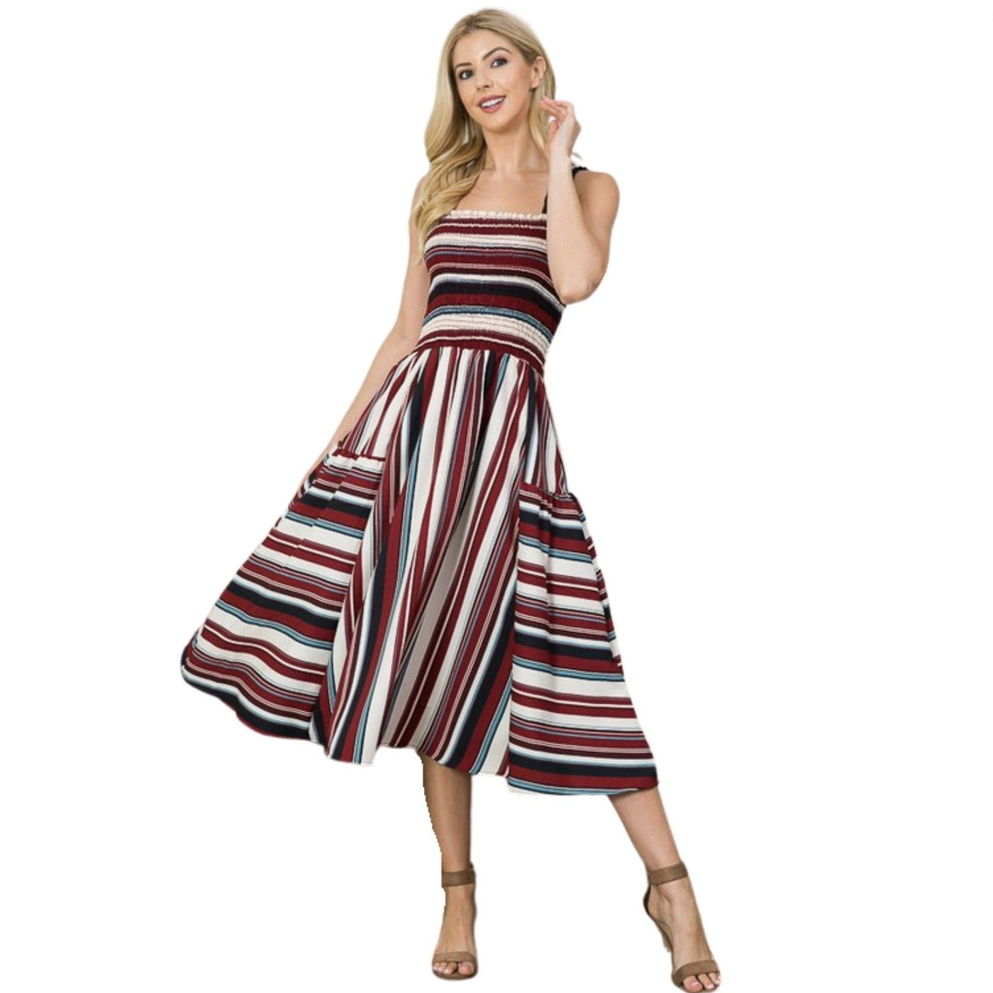 Made in USA Ladies Smocked Bodice Fit & Flair Dress with Side Pockets, Square Neckline, Shoulder Straps, Vertical & Horizontal Contrast Stripes | Colors in this Dress: Black, Burgundy, Off White, Slate Blue