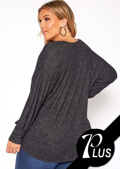 USA Made Soft & Stretchy Oversized Long Sleeve Women's V-Neck Plus Size Top in 2-Tone Black  | Classy Cozy Cool Women's Made in America Clothing Boutique
