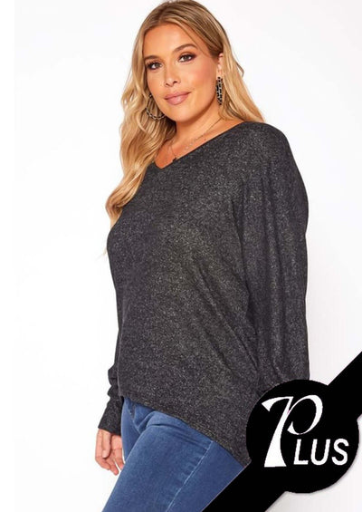USA Made Soft & Stretchy Oversized Long Sleeve Women's V-Neck Plus Size Top in 2-Tone Black  | Classy Cozy Cool Women's Made in America Clothing Boutique