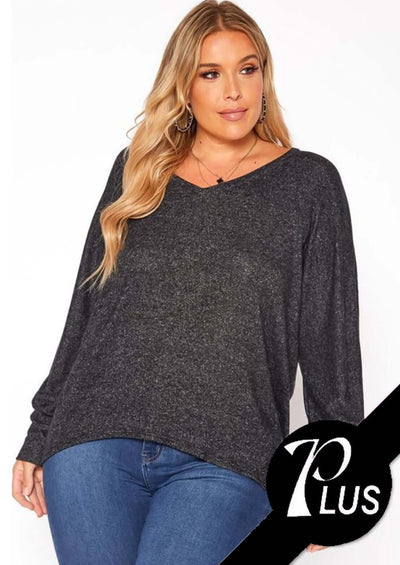 USA Made Soft & Stretchy Oversized Long Sleeve Women's V-Neck Plus Size Top in 2-Tone Black  | Classy Cozy Cool Women's Made in America Clothing Boutique