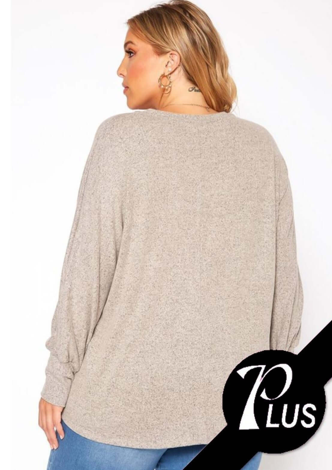 USA Made Soft & Stretchy Oversized Long Sleeve Women's V-Neck Plus Size Top in 2-Tone Oatmeal  | Classy Cozy Cool Women's Made in America Clothing Boutique