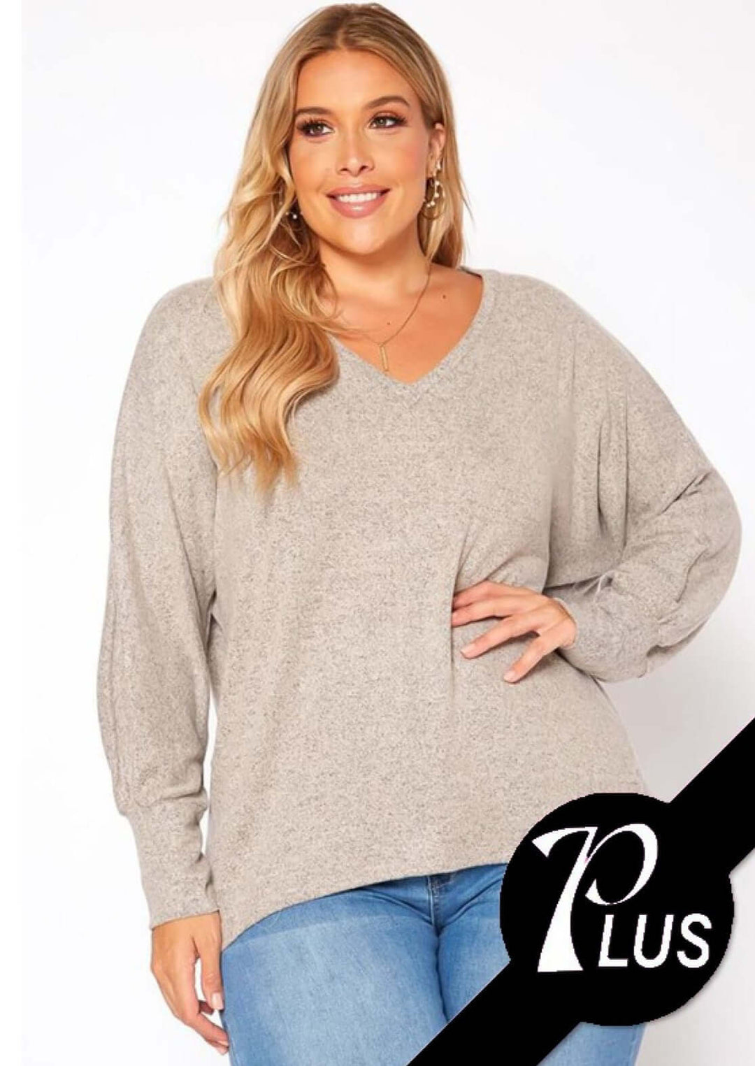 USA Made Soft & Stretchy Oversized Long Sleeve Women's V-Neck Plus Size Top in 2-Tone Oatmeal  | Classy Cozy Cool Women's Made in America Clothing Boutique