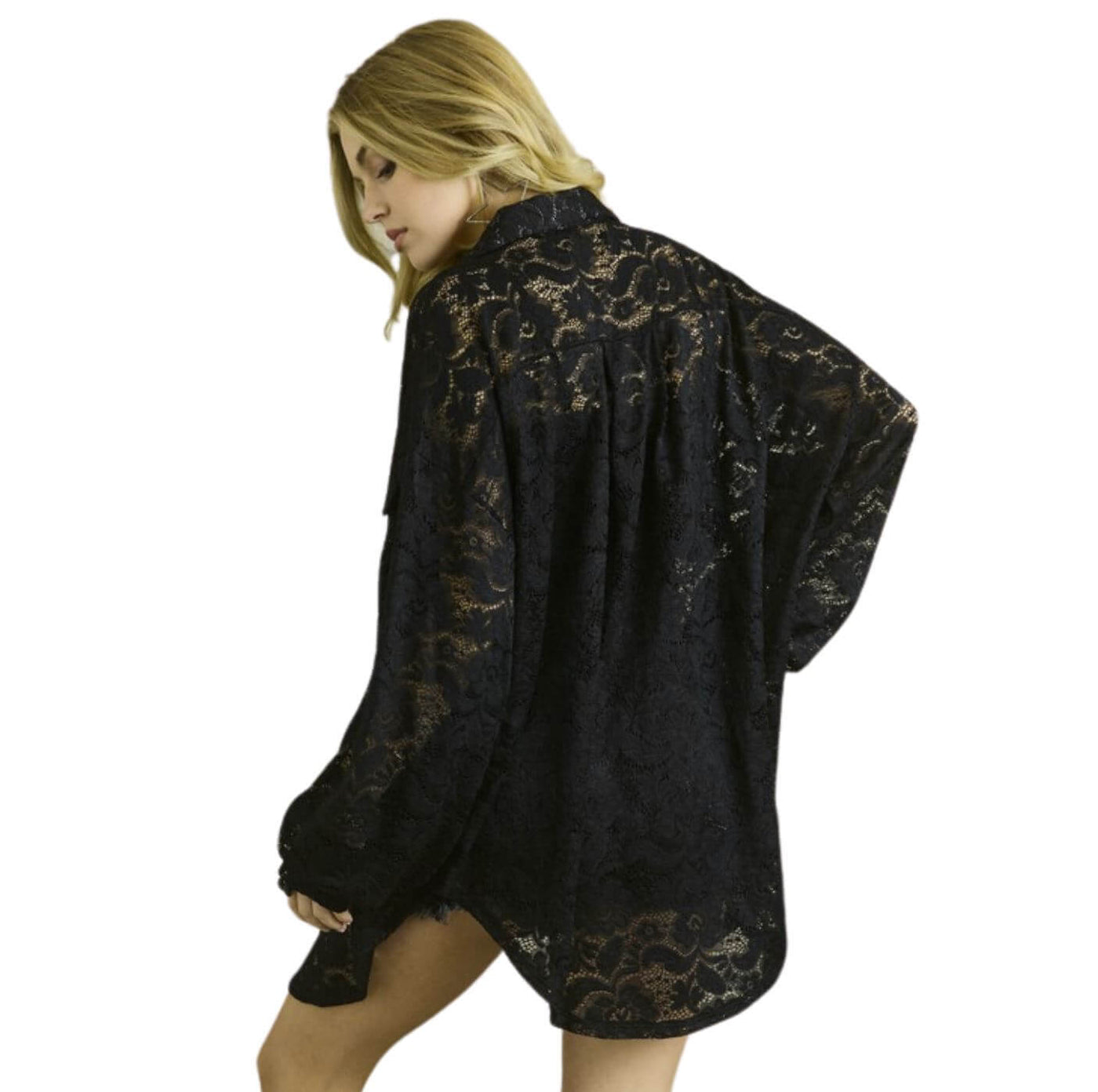 Ladies Oversized Sheer Black Button Down Long Length Floral Lace Tunic Shirt | Made in USA | Classy Cozy Cool Women's Made in America Boutique