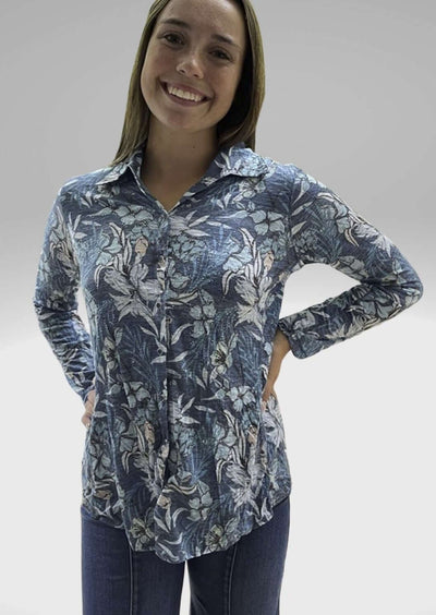 David Cline Blue Floral Rhinestone Embellished Snap Down Crushed Texture Collared Shirt | Made in USA | Women's Made in America Boutique