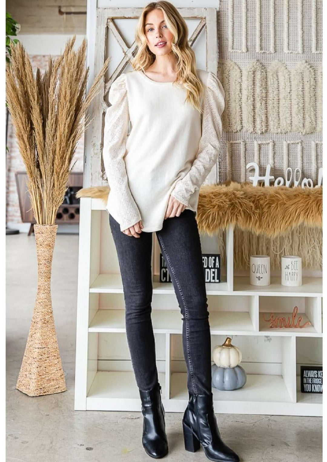USA Made Ladies' Very Soft Lace Long Sleeve Super Soft Top in Cream with Puff Shoulder | Classy Cozy Cool Women's Made in America Clothing Boutique