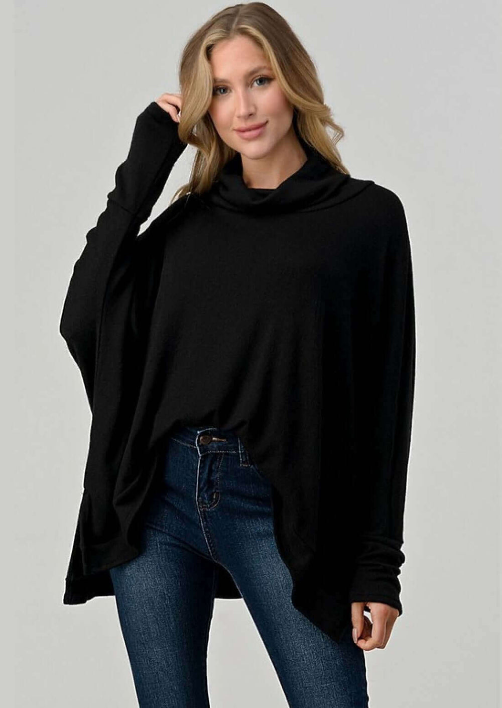 Made in USA Ladies Cowl Neck Long Sleeves Cashmere Feel Tunic Sweater in Black  | Classy Cozy Cool Women's Made in America Clothing Boutique