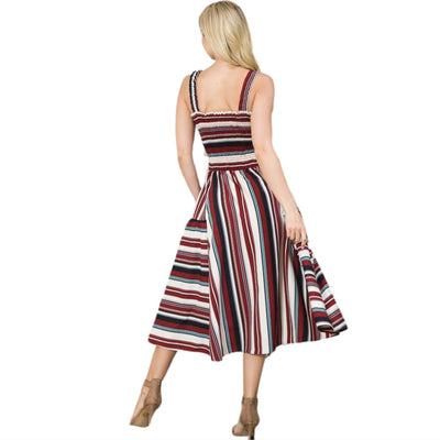 Made in USA Ladies Smocked Bodice Fit & Flair Dress with Side Pockets, Square Neckline, Shoulder Straps, Vertical & Horizontal Contrast Stripes | Colors in this Dress: Black, Burgundy, Off White, Slate Blue