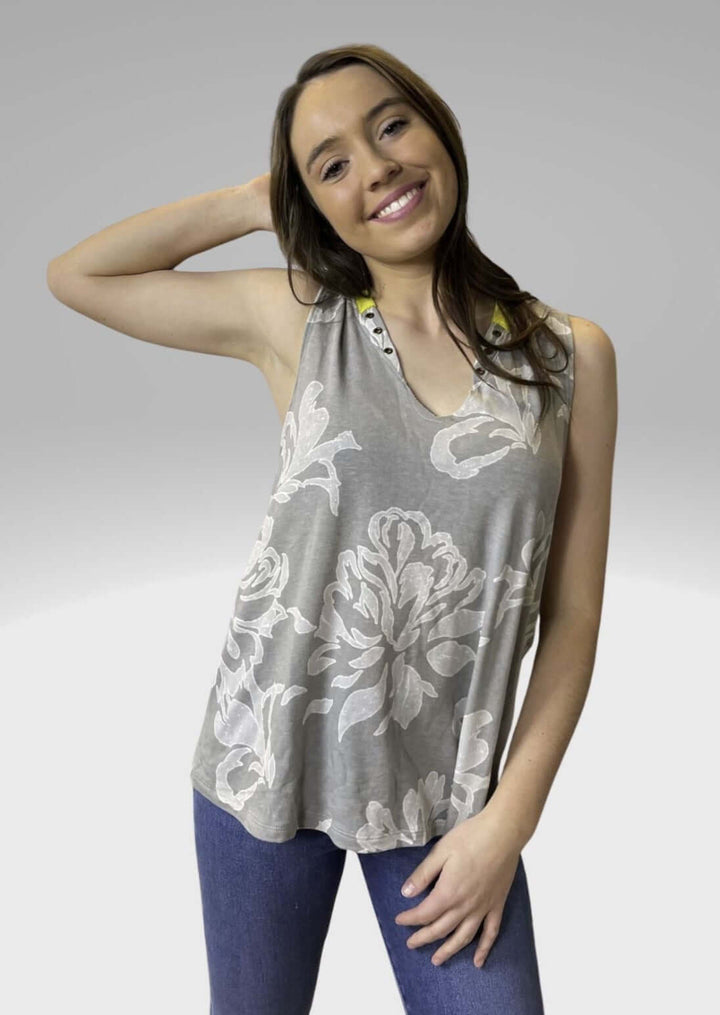 Made in USA Ladies Floral V-Neck Design Grommet Detail Sleeveless Top in Gray, Off White, Neon Yellow at Neckline Relaxed Fit | Classy Cozy Cool Boutique