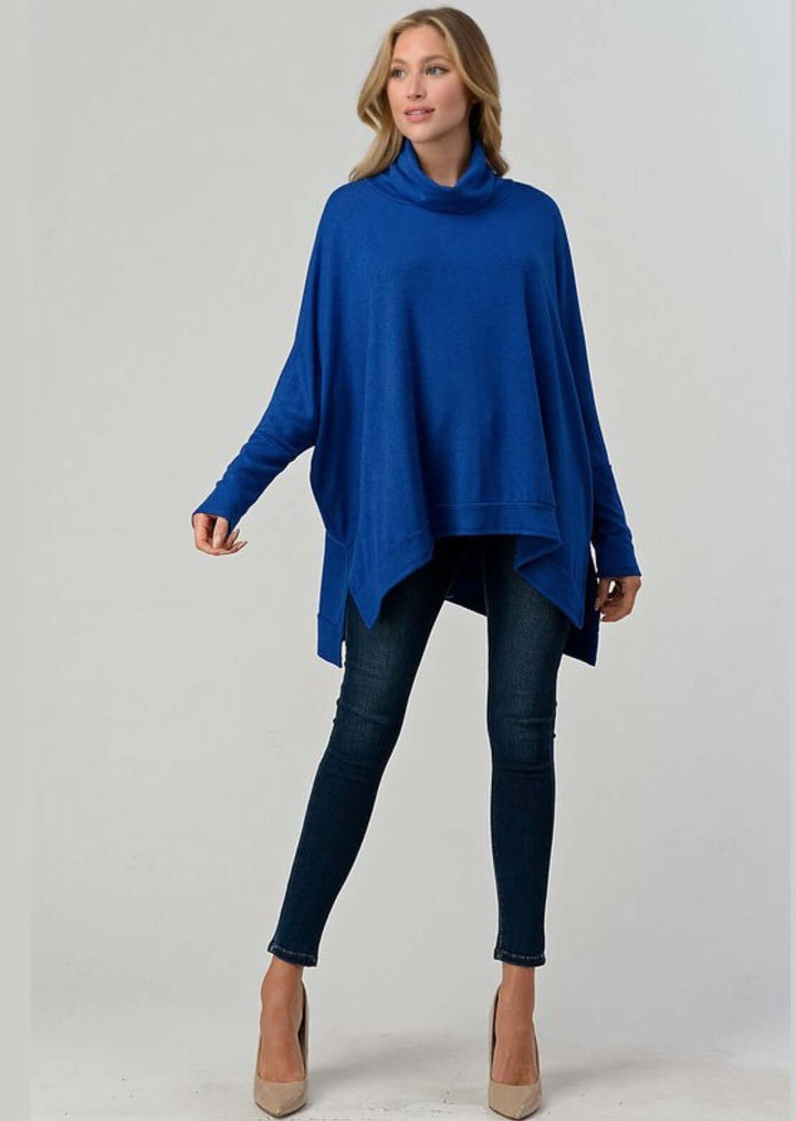Made in USA Ladies Cowl Neck Long Sleeves Cashmere Feel Tunic Sweater in Royal Blue  | Classy Cozy Cool Women's Made in America Clothing Boutique