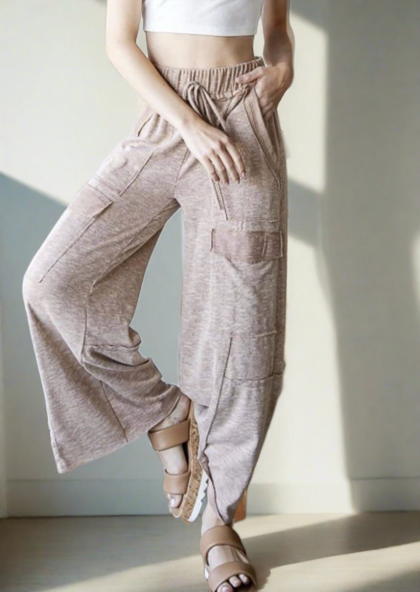 USA Made Ladies Vintage Look Wide Leg Cropped Ribbed Casual Pants With 6 Pockets in Vintage Taupe Color | Classy Cozy Cool Women's Made in America Clothing Boutique