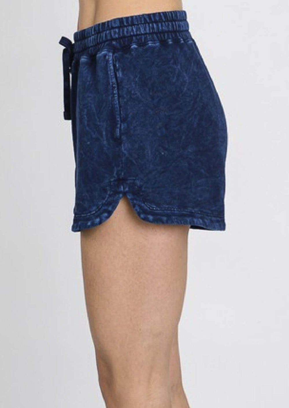 USA Made Ladies Premium Mineral Washed French Terry Shorts with Elastic & Drawstring Waist in Navy Blue | Classy Cozy Cool Women's Made in America Clothing Boutique