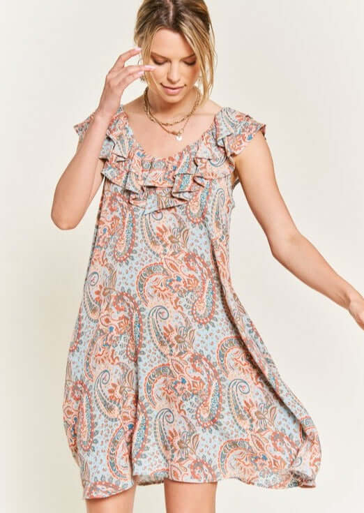 USA Made Women's Sleeveless Flare Paisley Mini Dress with Ruffled Trim Neckline in  Pastel Paisley Pattern | Classy Cozy Cool Women's Made in American Boutique