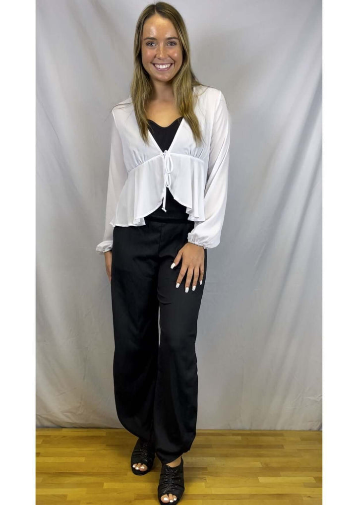Ladies Bright White Tie Front Dressy Peplum Cardigan with Bubble Sleeves | Made in USA | Classy Cozy Cool Women's Made in America Boutique